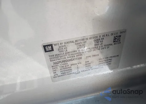 2017 Chevrolet Silverado 1500 1Lt из США, поврежденный, VIN 3GCPCREC6HG417398